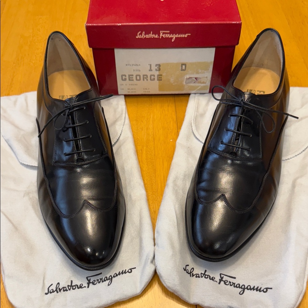 Salvatore Ferragamo Black Leather Oxfords. Shoe socks and box. Used one day.
